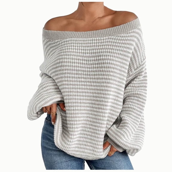 Womens Oversized Sweaters Fashion Striped Off Shoulder Knit Tops Long Sleeve Loose Sweater Blouses (XL, Gray)