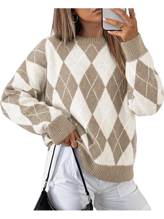 Womens Oversized Sweaters Long Sleeve Argyle Plaid Trendy Casual Fall Lightweight Knit Pullover Tops,Medium,Khaki