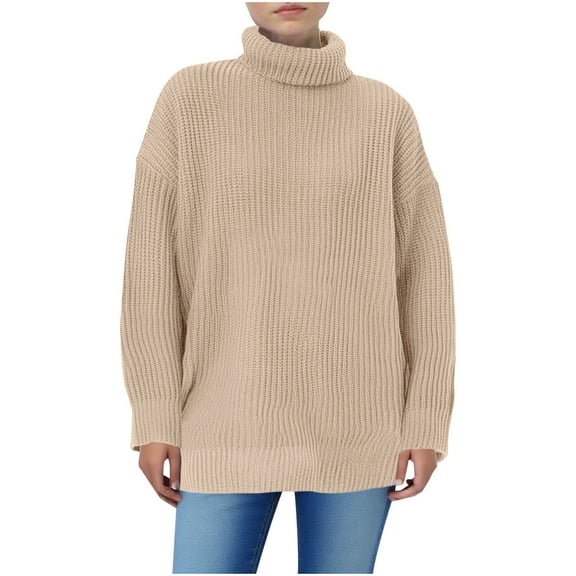 Womens Oversized Sweaters Long Sleeve Fall Turtleneck Sweater Jumpers High Neck Classic Basic Knitted Tops Khaki, M