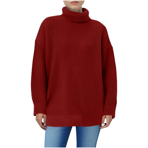 Womens Oversized Sweaters Long Sleeve Fall Turtleneck Sweater Jumpers High Neck Classic Basic Knitted Tops Wine, L