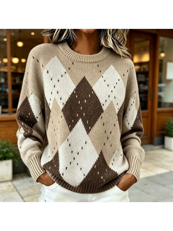 Womens Oversized Sweaters Long Sleeve Knit Casual Pullovers,Cozy Crew Neck Argyle Plaid Knitted Sweater,Trendy Casual Fall Lightweight Knit Pullover Tops Brown XXL