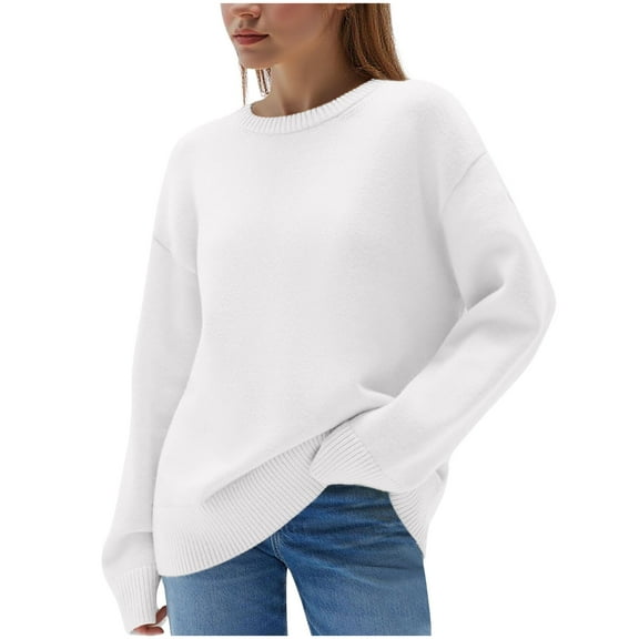 Womens Oversized Sweaters Ribbed Knit Details Soft Knit Pullover Long Sleeve Tops Casual Fall Crewneck Sweatshirts (L, White)