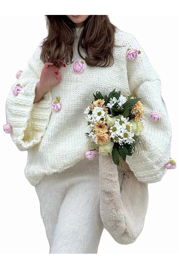 Womens Oversized Sweaters White Handmade Crochet Decal 3D Rose Fall Sweaters S