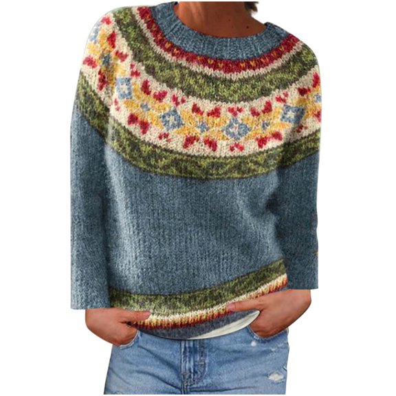 Womens Oversized Sweaters Winter Warm Crew Neck Pullover Knitted Top Fall Print Long Sleeve Casual Loose Sweatshirt (Light Blue S)