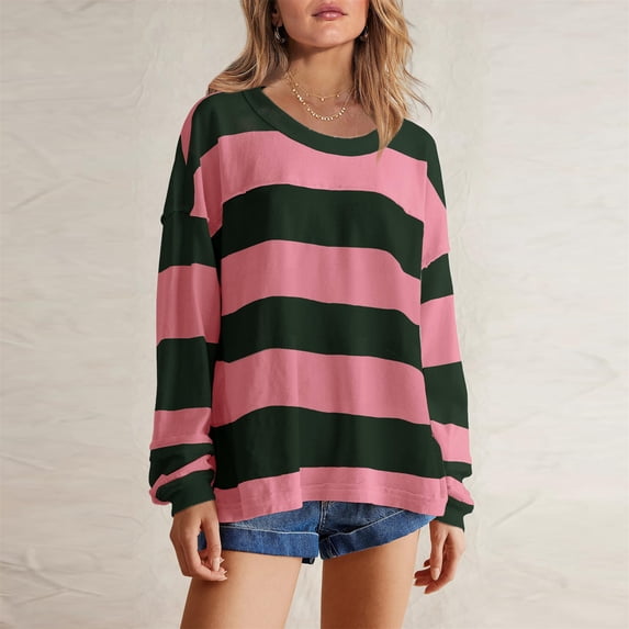 Womens Oversized Sweatshirt Crew Neck Long Sleeve Striped Hoodies Loose Pullover Tops (Pink M)