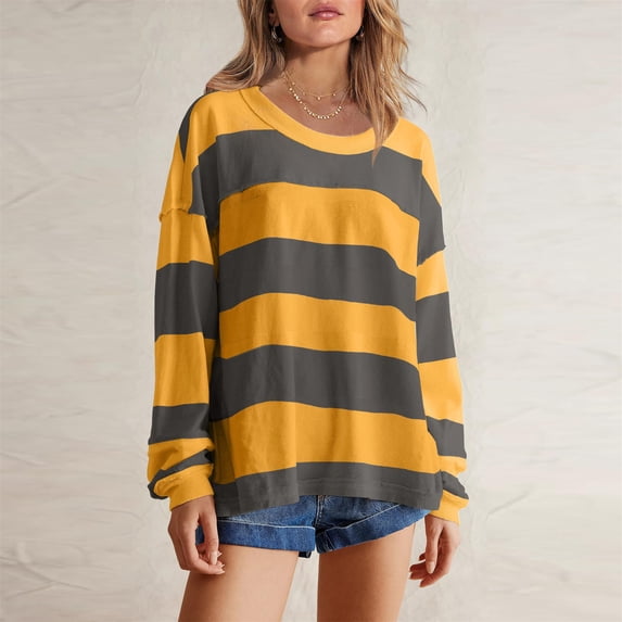 Womens Oversized Sweatshirt Crew Neck Long Sleeve Striped Hoodies Loose Pullover Tops (Yellow L)