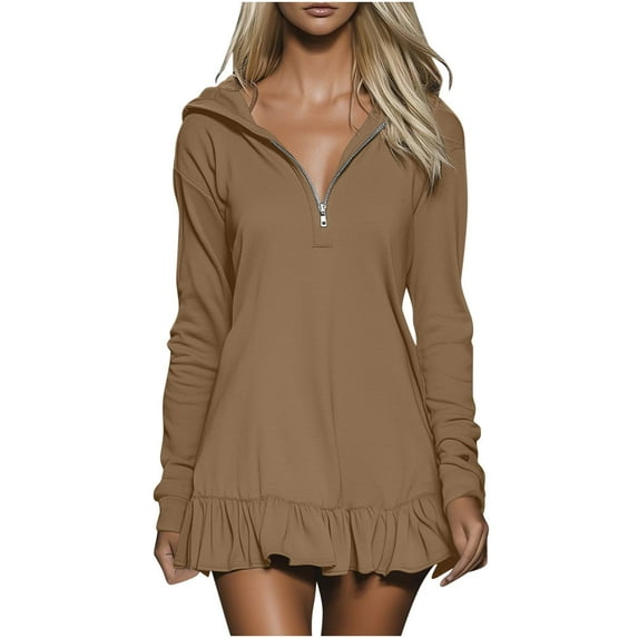 Womens Oversized Sweatshirt Dress Casual Long Sleeve Quarter Zip Ruffle Hem Hooded Pullover Mini Dresses (XXL, Khaki)