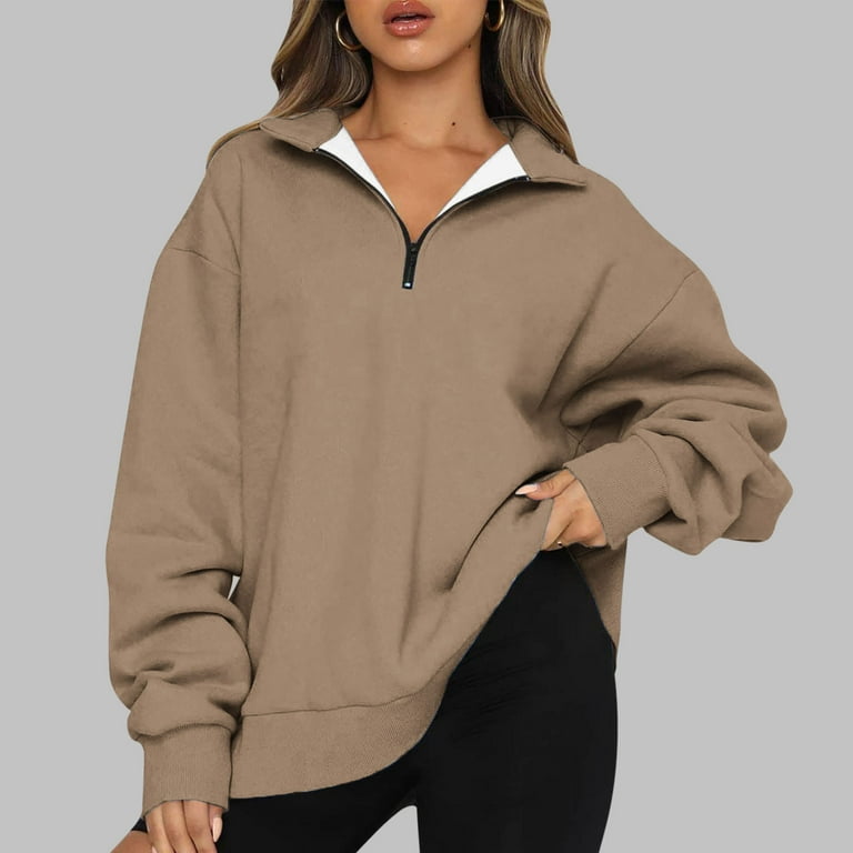 Womens Oversized Sweatshirt Half Zip Women s Causal 1 4 Zip Drop Shoulder Long Sleeve Collar Sweatshirts Solid Color Loose Pullover Workout Tops Walmart