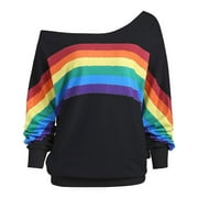 Womens Oversized Sweatshirt Long Sleeve Off The Shoulder Sweatshirts Pullover Casual Loose Rainbow Print Comfy Fall Outfits