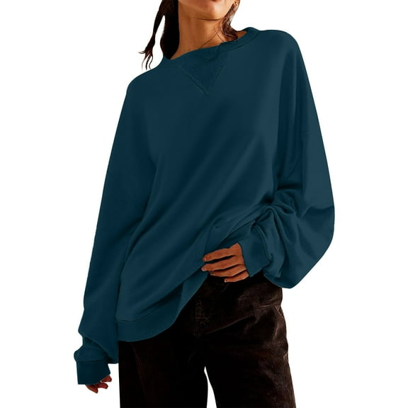 Womens Oversized Sweatshirt Loose Crew Neck Long Sleeve Shirts Casual Solid Color Pullover Tops Fall Clothes (Blue S)