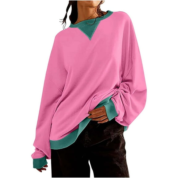 Womens Oversized Sweatshirt Loose Crew Neck Long Sleeve Shirts Casual Solid Color Pullover Tops Fall Clothes (Hot Pink M)