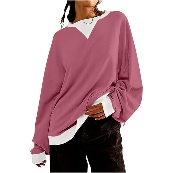 Womens Oversized Sweatshirt Loose Crew Neck Long Sleeve Shirts Casual Solid Color Pullover Tops Fall Clothes (Wine L)