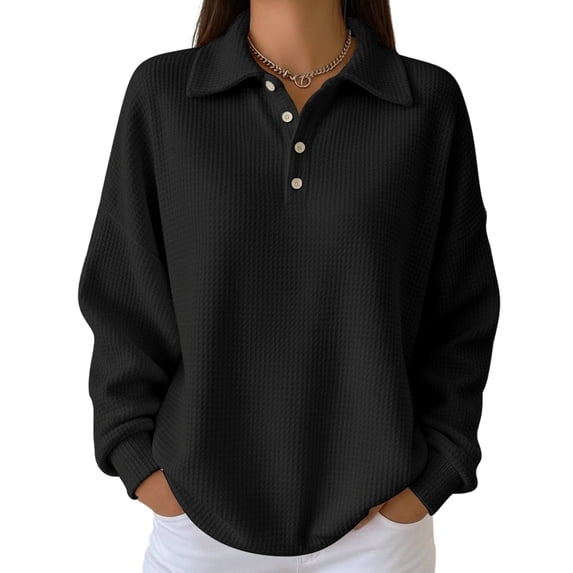 Womens Oversized Sweatshirt Loose Fit Waffle Henley Shirts Casual Collared 1/4 Button Down Sweater Pullover,L
