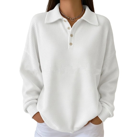 Womens Oversized Sweatshirt Loose Fit Waffle Henley Shirts Casual Collared 1/4 Button Down Sweater Pullover,M
