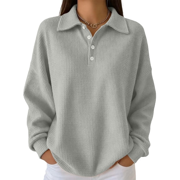 Womens Oversized Sweatshirt Loose Fit Waffle Henley Shirts Casual Collared 1/4 Button Down Sweater Pullover,XL
