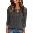 thumbnail image 1 of Womens Oversized Sweatshirt New Women's Winter Casual Solid Color Round Neck Button Knitted Striped Brushed Loose Sweater Three-Quarter Sleeve Tops Style B-4 Gray XL, 1 of 6