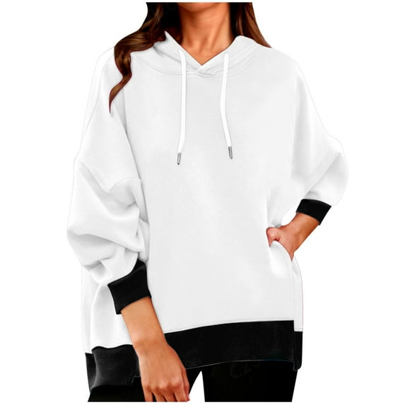 Womens Oversized Sweatshirt Pullover Hoodies Colorblock Ribbed Cuffs Casual Fashion Drawstring Hooded Sweaters (L, White)