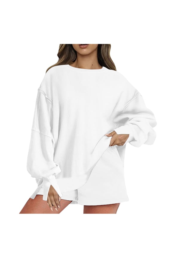 Womens Oversized Sweatshirt Shorts Sets 2 Piece Outfit Lounge Sweat Shorts Set with Pockets Split Cuffs Sweatsuits (L, White)