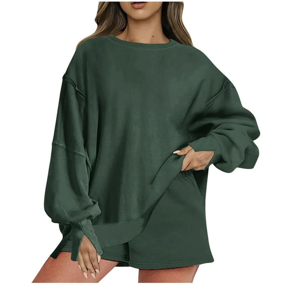 Womens Oversized Sweatshirt Shorts Sets 2 Piece Outfit Lounge Sweat Shorts Set with Pockets Split Cuffs Sweatsuits (M, Army Green)