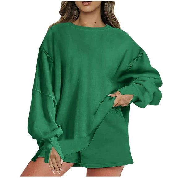 Womens Oversized Sweatshirt Shorts Sets 2 Piece Outfit Lounge Sweat Shorts Set with Pockets Split Cuffs Sweatsuits (M, Green)