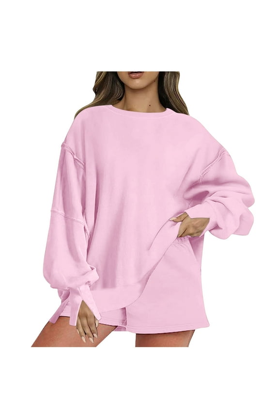 Womens Oversized Sweatshirt Shorts Sets 2 Piece Outfit Lounge Sweat Shorts Set with Pockets Split Cuffs Sweatsuits (M, Pink)