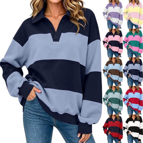 Womens Oversized Sweatshirt Striped Polos Shirt Long Sleeve Rugby Lapel Collared Button Down Color Block Y2K Pullover T Shirt, Casual Loose Streetwear Blouses