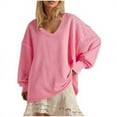 thumbnail image 1 of Womens Oversized Sweatshirt V Neck Drop Shoulder Long Sleeve Light Casual Plain Pullover Spring Fall Winter Tops (S, Pink), 1 of 5