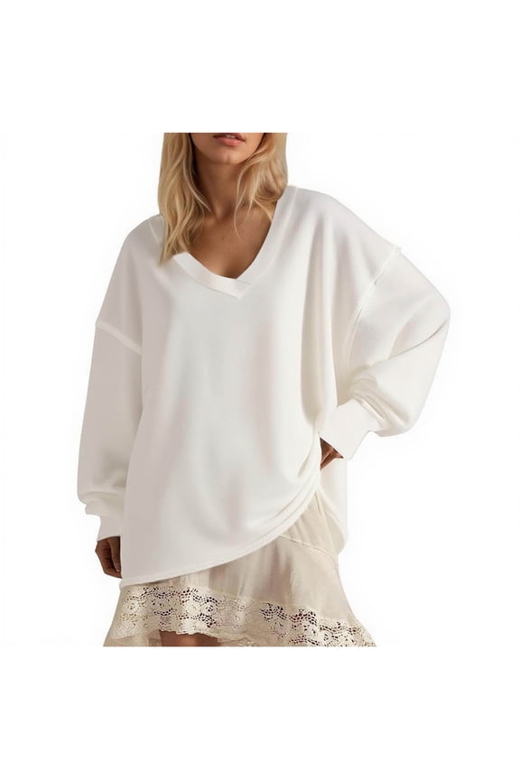 Womens Oversized Sweatshirt V Neck Drop Shoulder Long Sleeve Light Casual Plain Pullover Spring Fall Winter Tops (XL, White)