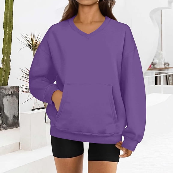 Womens Oversized Sweatshirt V Neck Sweatshirts No Hood Long Sleeve Sweat Shirts Over Sized Sweatshirt Pullover Tops with Pockets Purple 2XL
