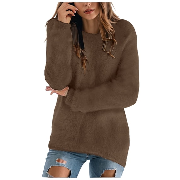 Womens Oversized Sweatshirt Winter Fall Soft Crew Neck Long Sleeve Bell Cold Shoulder Pleated Plain Leisure Cotton Tunic Tops Pullover(Brown,XL)