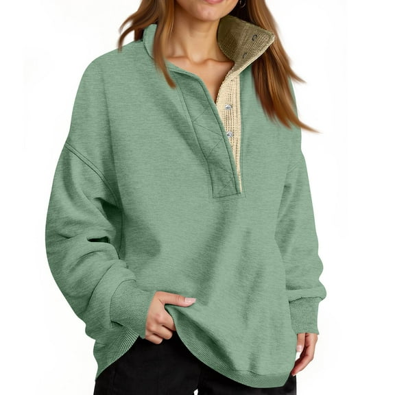 Womens Oversized Sweatshirt for Women Quarter Button Henley V Neck Long Sleeve Pullover Fall Casual Loose Fit Pullover Sweatshirts for Women Fashion Tops S-2XL Mint Green 2XL