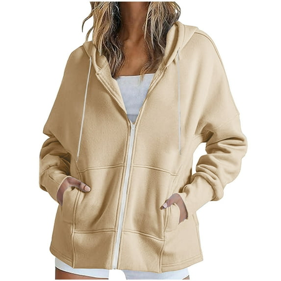 Womens Oversized Sweatshirt Women Solid Color Casual Loose Warm Zipper Hooded Sweatshirt Pocket Zipper Jacket Drawstring Top Womens Hoodies(White,XL)