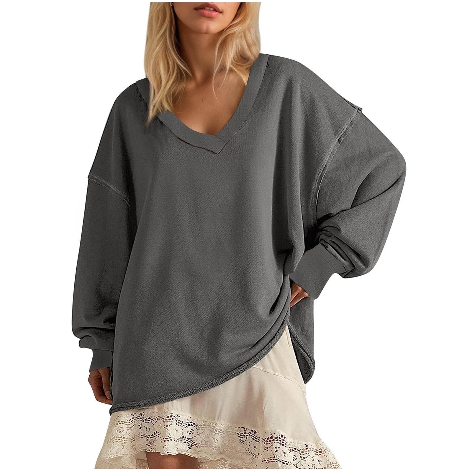 Womens Oversized Sweatshirt no Hood, V-Neck, Solid Color