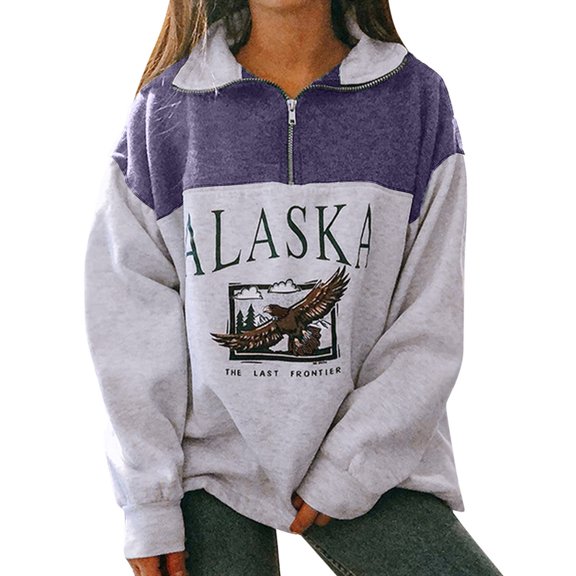 Womens Oversized Sweatshirts Alaska Eagle Graphic Quarter Zip Collared Long Sleeve Blouses Loose Fitting Fall Fashion Casual Pullover Tops