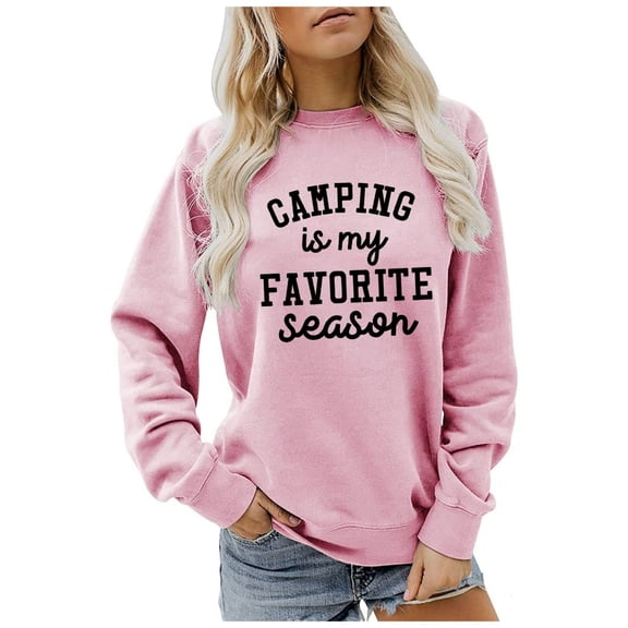 Womens Oversized Sweatshirts Casual Letter Print Long Sleeve Crew Neck Hoodless Plain Pullover Tops Pink