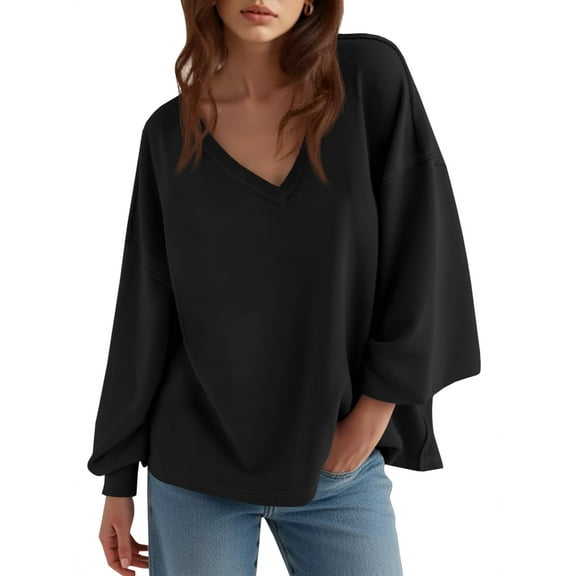 Womens Oversized Sweatshirts Casual V Neck Lantern Long Sleeve Shirts Loose Fall Tunics Pullover Tops