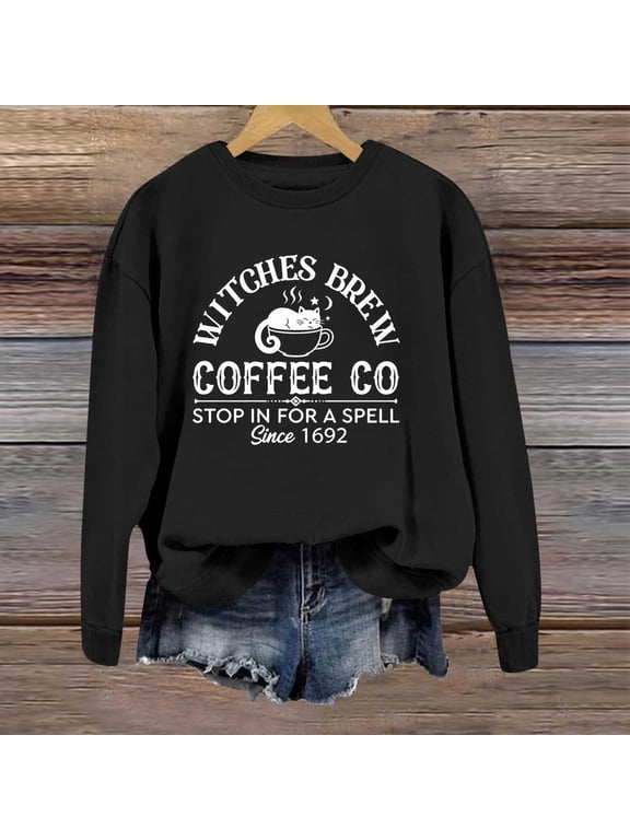 Womens Oversized Sweatshirts Cat Cup Witches Brew Coffee Co Graphic Crew Neck Pullover Long Sleeve Halloween Loungewear Top Fall Winter Oversized Sweatshirts Black L
