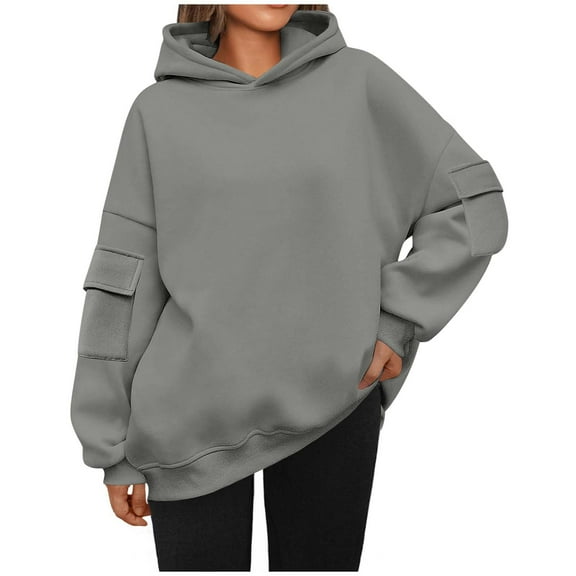 Womens Oversized Sweatshirts Cotton Cozy Hoodie with Pockets Long Sleeve Cargo Pullover Tops Solid Color (XL, Gray)