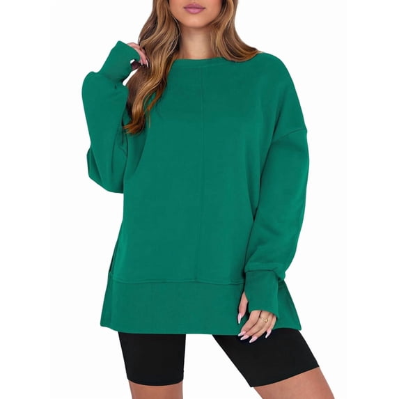 Womens Oversized Sweatshirts Crew Neck Long Sleeve Shirts Casual Loose Slit Fall Outfits Green M