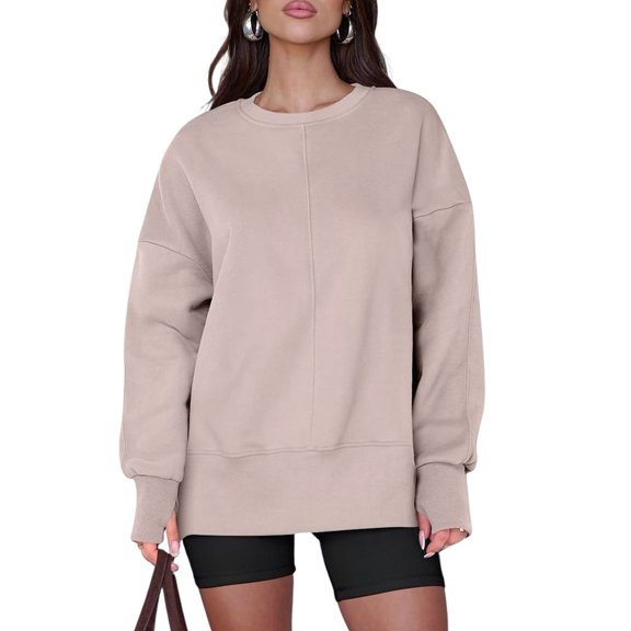 Womens Oversized Sweatshirts Crew Neck Long Sleeve Shirts Casual Loose Slit Fall Outfits Light Khaki L
