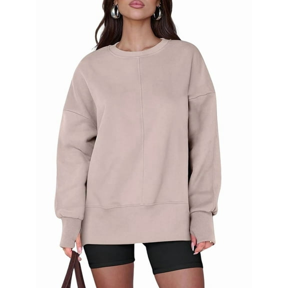 Womens Oversized Sweatshirts Crew Neck Long Sleeve Shirts Casual Loose Slit Fall Outfits Light Khaki S