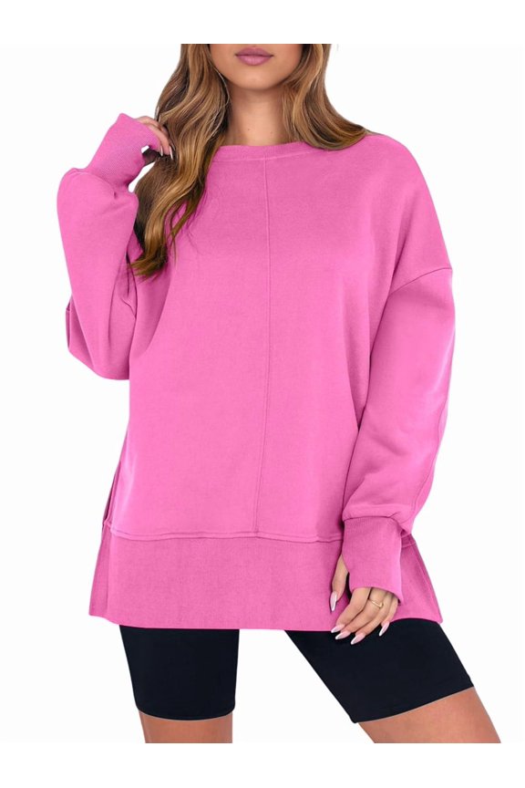 Womens Oversized Sweatshirts Crew Neck Long Sleeve Shirts Casual Loose Slit Fall Outfits Pink M