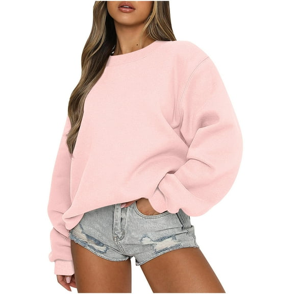 Womens Oversized Sweatshirts Crewneck Y2k Crop Pullover Tops for Teen Girls Long Sleeve Cotton Plain Sweater (L, Pink)