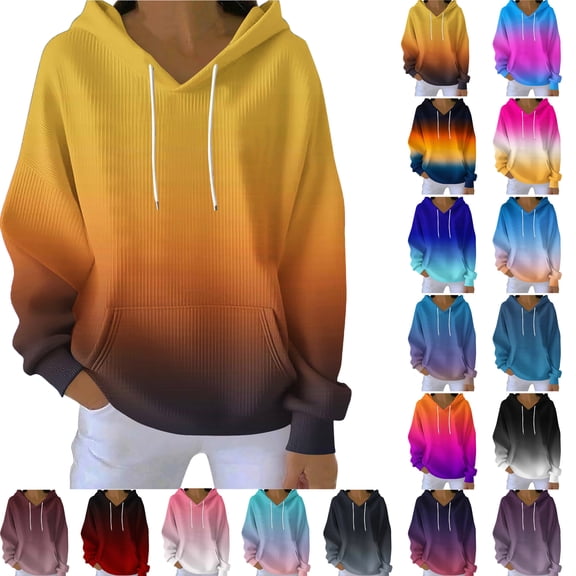 Womens Oversized Sweatshirts Fall Sweaters Fashion Hoodies Women's Printing Blouses Long Sleeve Pockets Casual Fashion Hooded Sweatshirt Holiday Gift Finder Yellow M