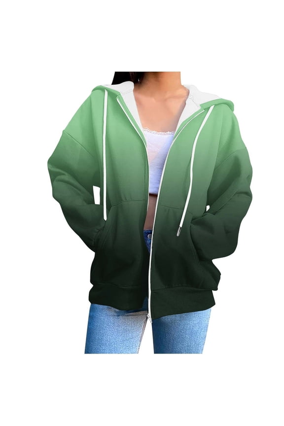 Womens Oversized Sweatshirts Gradient Hoodies Full Zipper Open Front Hooded Sweatshirt Jacket Casual Tops Comfy Fall Fashion Long Sleeve Drawstring Hoody Shirts Outfits Winter Clothes 2025