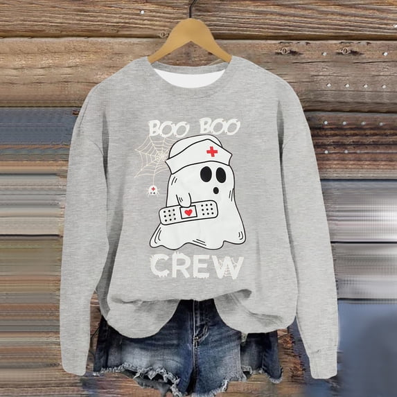 Womens Oversized Sweatshirts Halloween Boo Boo Ghost Graphic Crew Neck Long Sleeve Goth Y2K Streetwear Holiday Pullover Tops Fall Winter Clothes Light Green 2XL