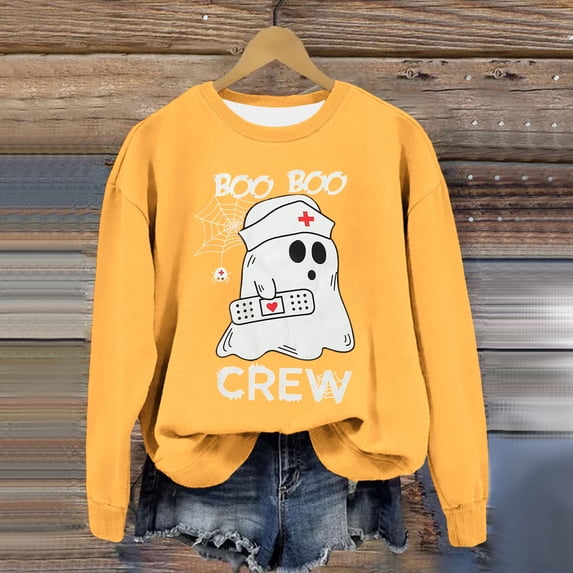 Womens Oversized Sweatshirts Halloween Boo Boo Ghost Graphic Crew Neck Long Sleeve Goth Y2K Streetwear Holiday Pullover Tops Fall Winter Clothes Yellow S