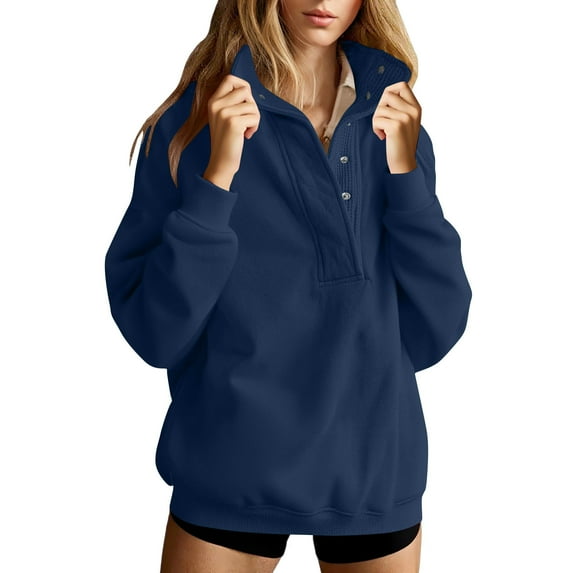 Womens Oversized Sweatshirts Hoodless Tops Casual Pullover Fall Winter Long Sleeve Stand Collar Pullover Trendy Clothes Solid Color Quarter Button Comfortable Sweatshirts with Plus Size