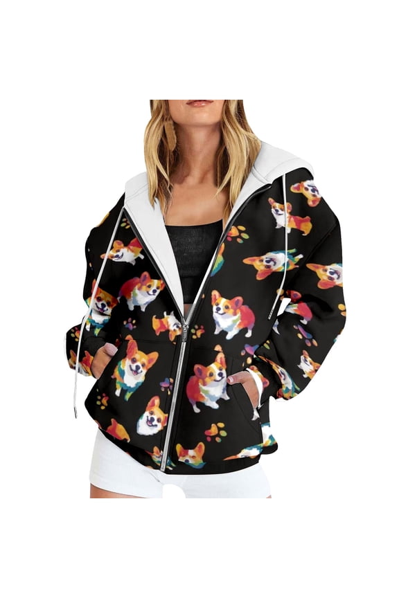 Womens Oversized Sweatshirts Long Sleeve Funny Dog Print Full Zip Up Hoodies Loose Fit Fashion Fall Winter Jackets