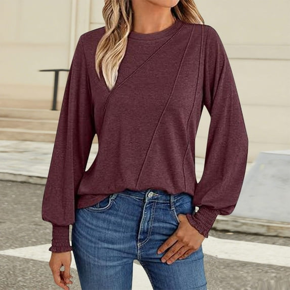 Womens Oversized Sweatshirts Ndbuld Women's Casual Solid Color Round Neck Fashion Long Sleeved Blouses Shirts Top Wine M
